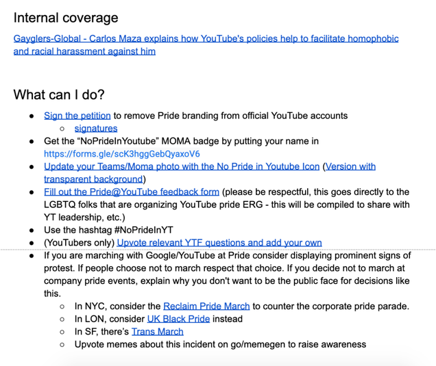 A document circulating within Google suggesting possible actions employees can take to protest YouTube’s handling of Steven Crowder’s videos.